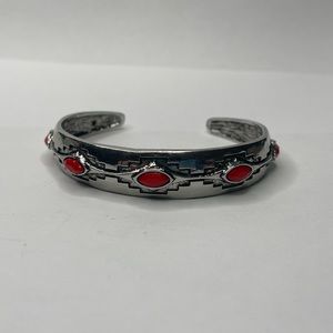 Southwestern Aztec Cuff Bracelet Faux Red Coral Stamped Metal Bohemian Unmarked